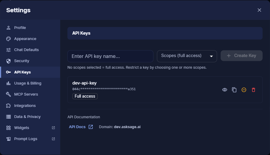 API Keys tab in Settings, showing the key name field, scopes dropdown, and Create Key button