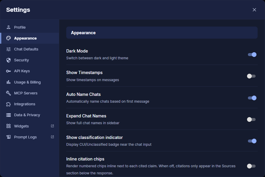 Appearance tab in Settings with theme, timestamp, chat-name, classification, citation, provenance toggles and Chat Width buttons