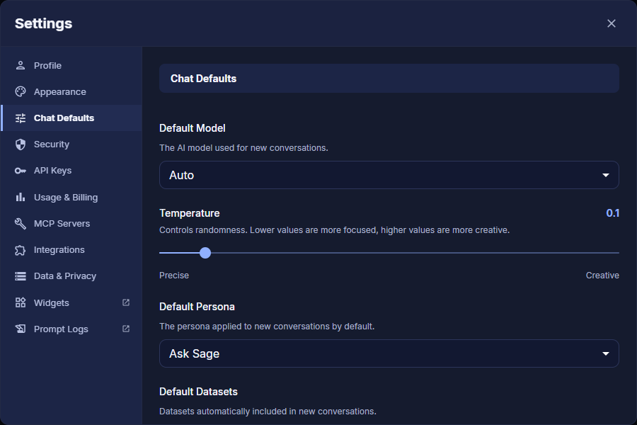Chat Defaults tab in Settings with Default Model, Temperature slider, Default Persona, Default Datasets, and Auto switching toggles