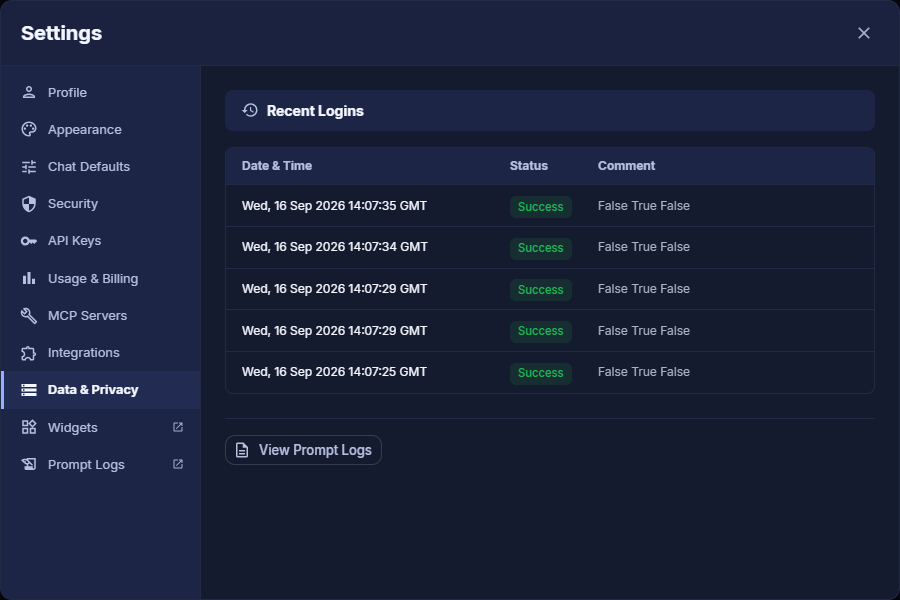 Data & Privacy tab in Settings listing recent logins with a View Prompt Logs button