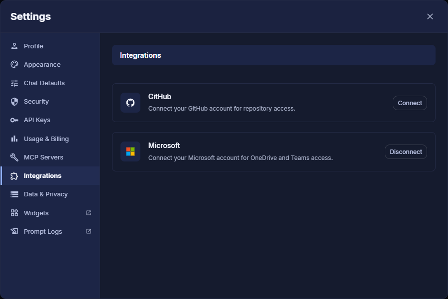 Settings Integrations tab showing GitHub with a Connect button and Microsoft with a Disconnect button
