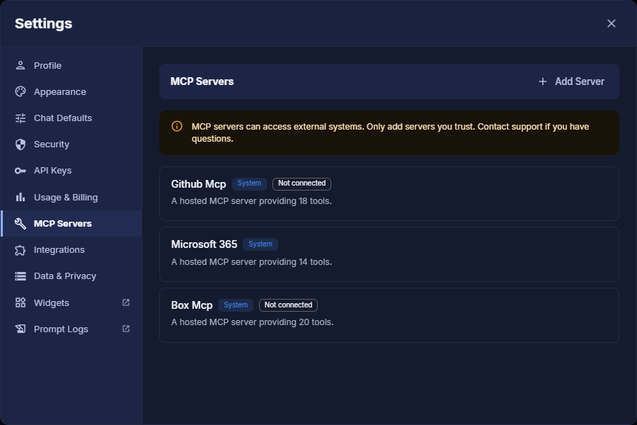 MCP Servers tab in Settings with the Add Server button and the hosted GitHub, Microsoft 365, and Box system servers