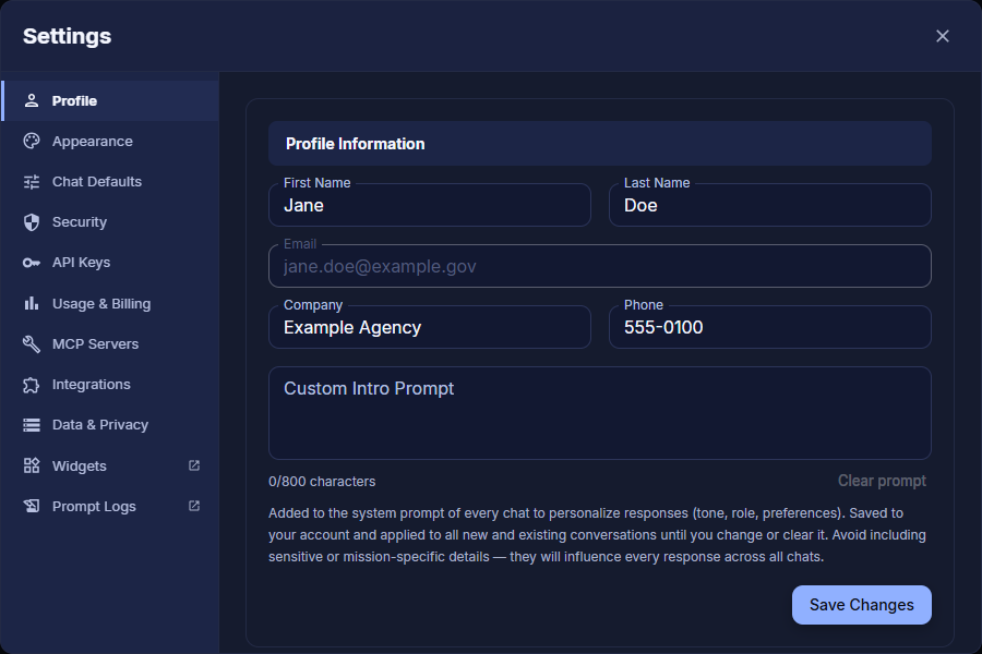 Profile tab in Settings with Profile Information fields, Custom Intro Prompt, and Change Password form