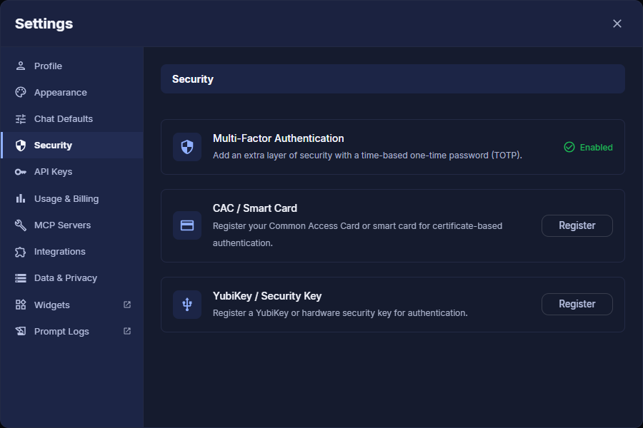 Security tab in Settings showing Multi-Factor Authentication status and Register buttons for CAC / Smart Card and YubiKey