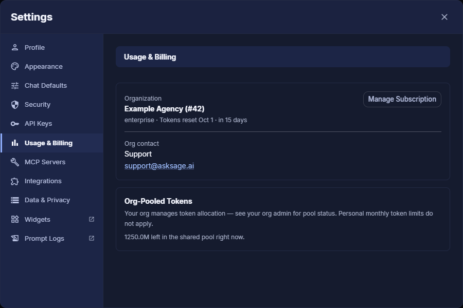 Usage & Billing tab in Settings for an organization-pooled account showing the Organization card, Manage Subscription button, and Org-Pooled Tokens notice