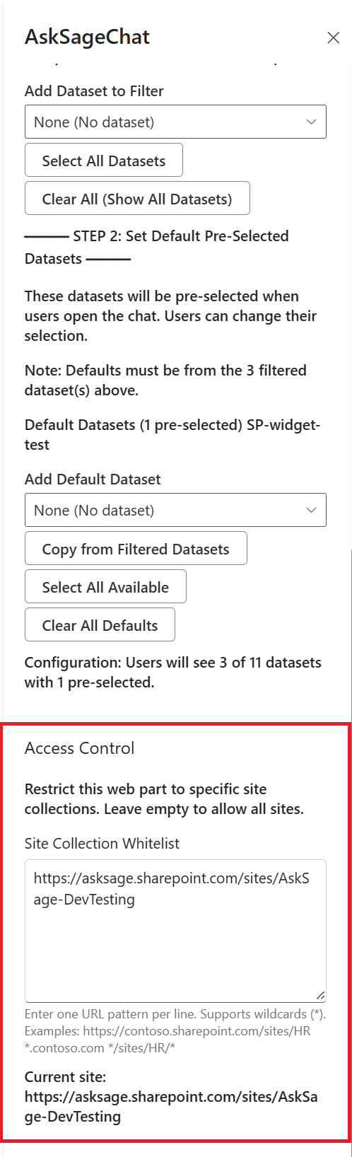 Access Control section with Site Collection Whitelist