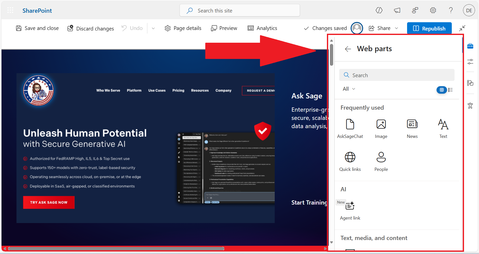 SharePoint page in edit mode showing the web part search