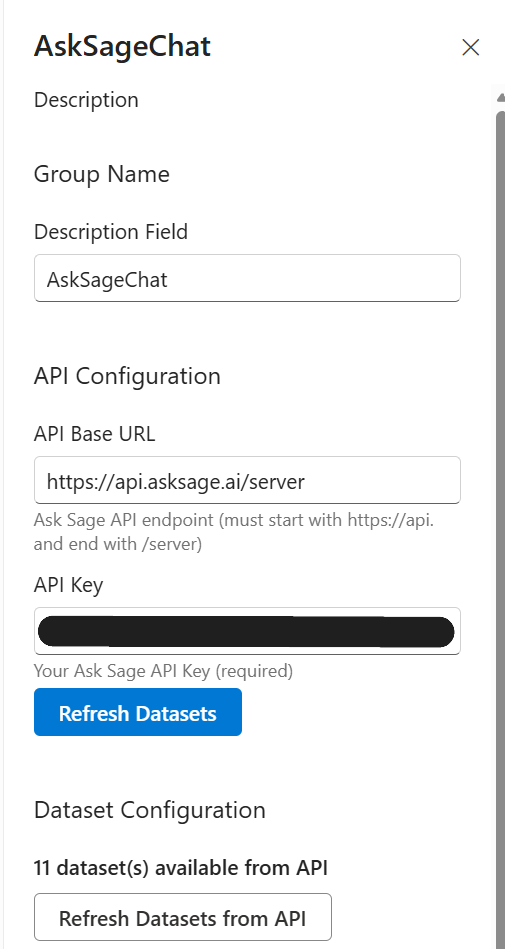 API Configuration section with API Key field and Refresh Datasets button