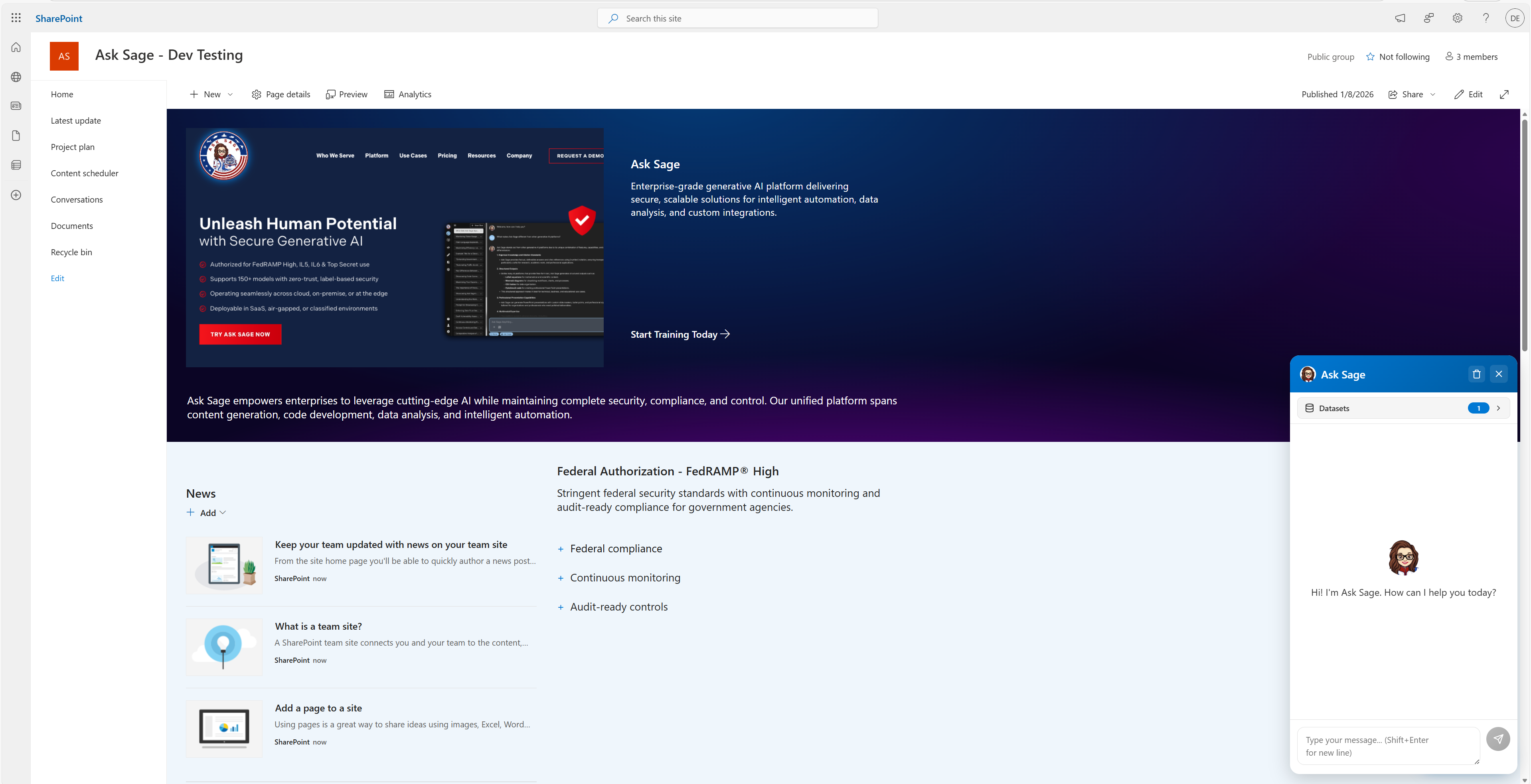Ask Sage chatbot widget showing Connected status