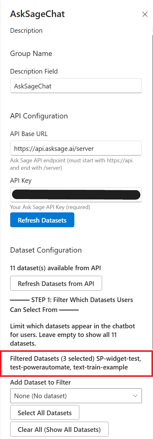 Dataset Configuration section showing filtered datasets selection