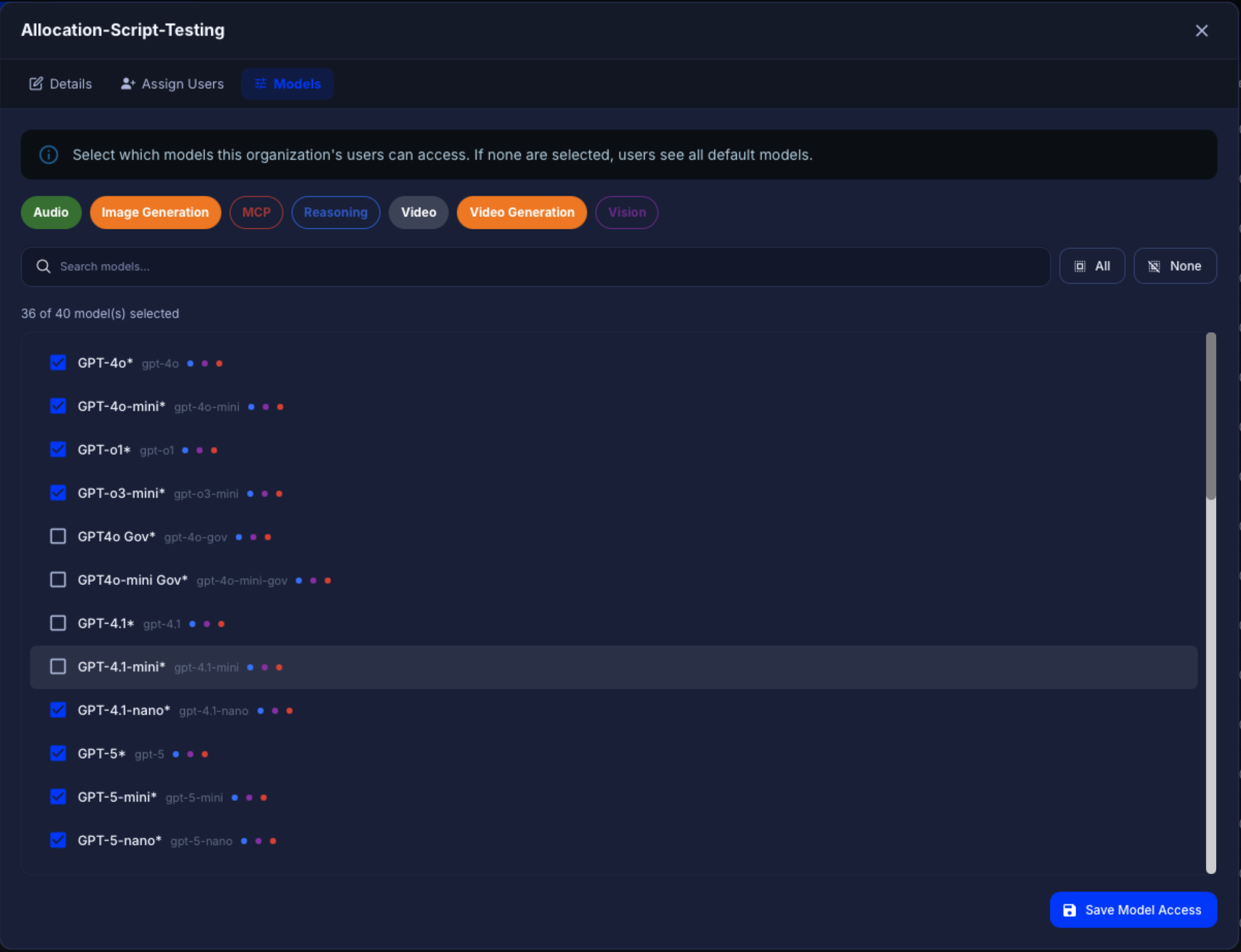 Manage Dialog - Models Tab