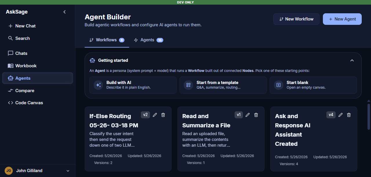 Agent Builder dashboard with Agents and Templates tabs