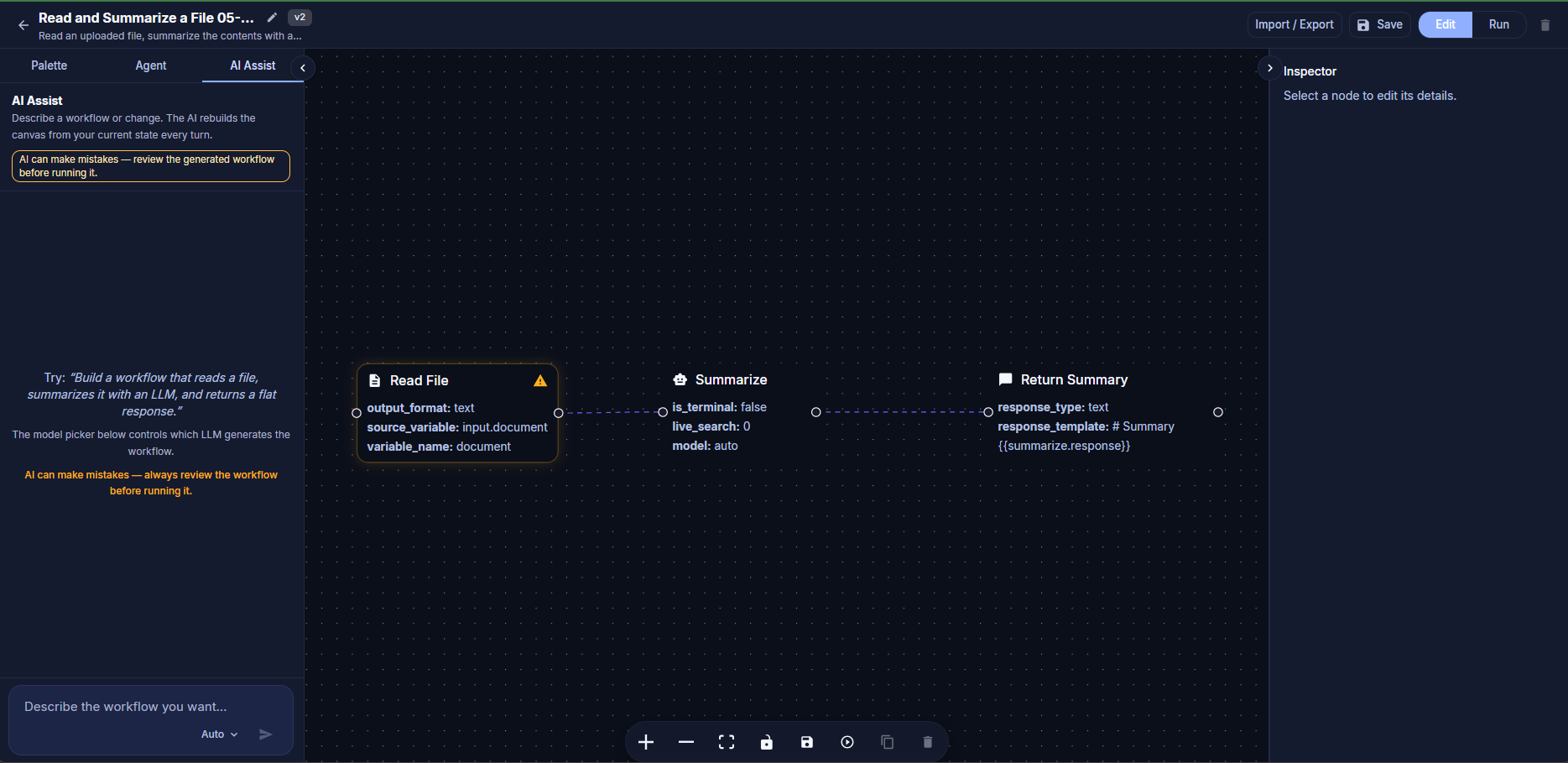 Agent Builder editor showing side panel tabs and canvas