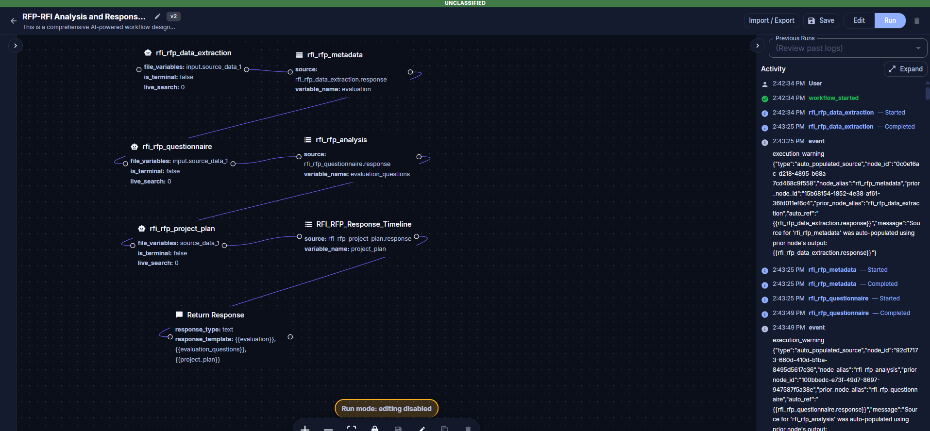 Agent Builder canvas showing a completed multi-node workflow in Run mode with execution logs in the Activity panel