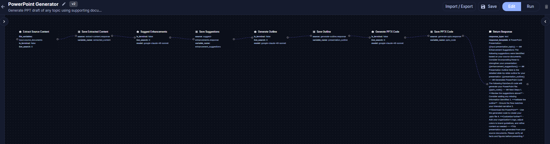 PowerPoint Generator workflow showing 8 connected nodes: Extract Content, Save, Suggest Enhancements, Save, Generate Outline, Save, Generate PPTX Code, and Return Response