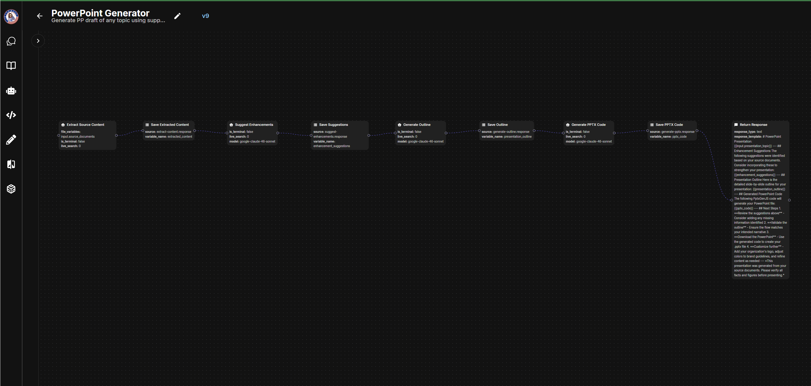 PowerPoint Generator workflow showing 8 connected nodes: Extract Content, Save, Suggest Enhancements, Save, Generate Outline, Save, Generate PPTX Code, and Return Response