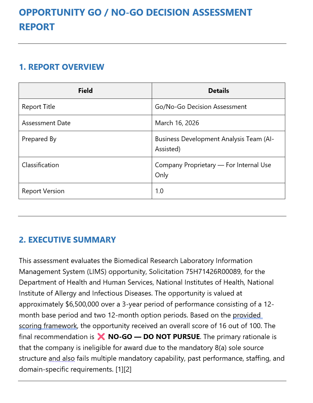Report overview and executive summary showing scoring result and NO-GO recommendation