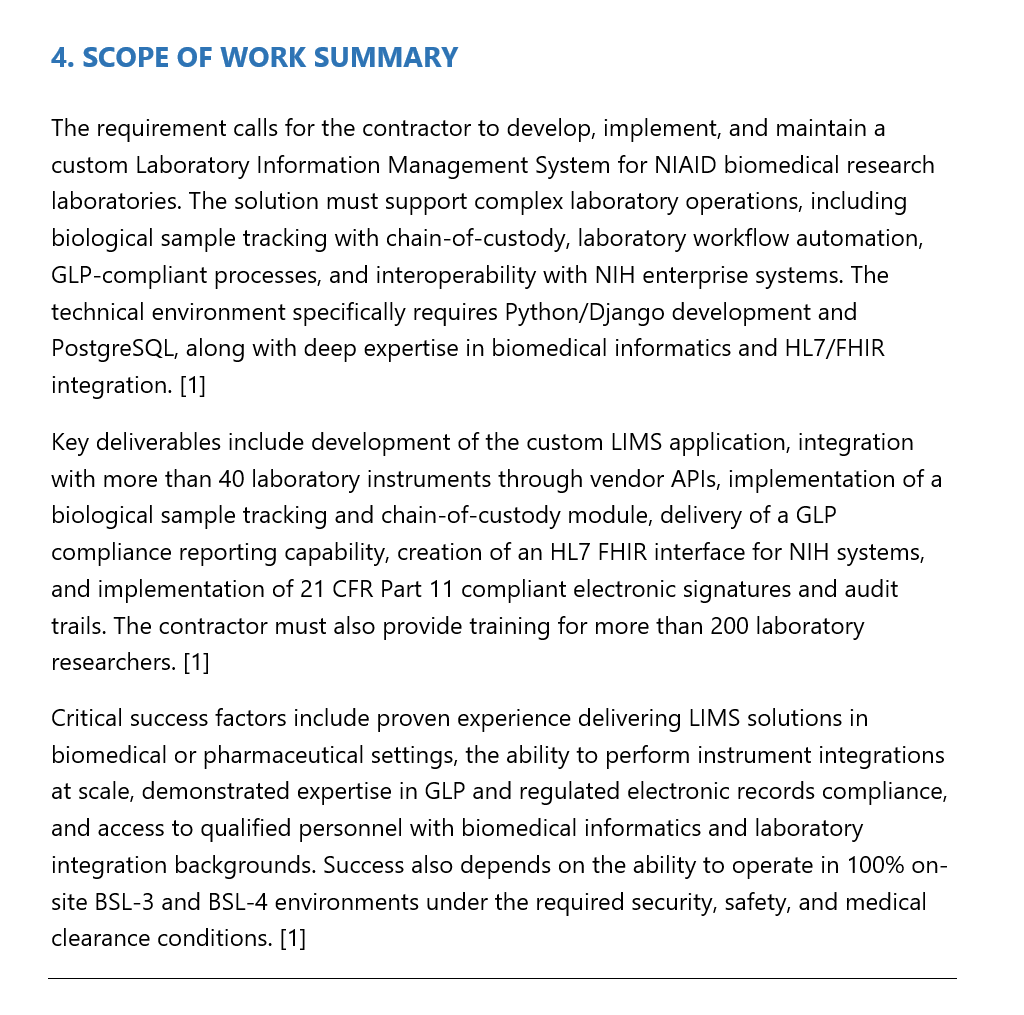 Scope of work summary covering LIMS requirements, deliverables, and critical success factors