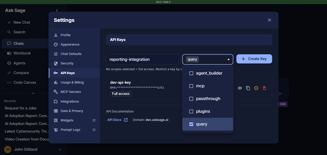 Scopes dropdown open in the API Keys tab, showing agent_builder, mcp, passthrough, plugins, and query options