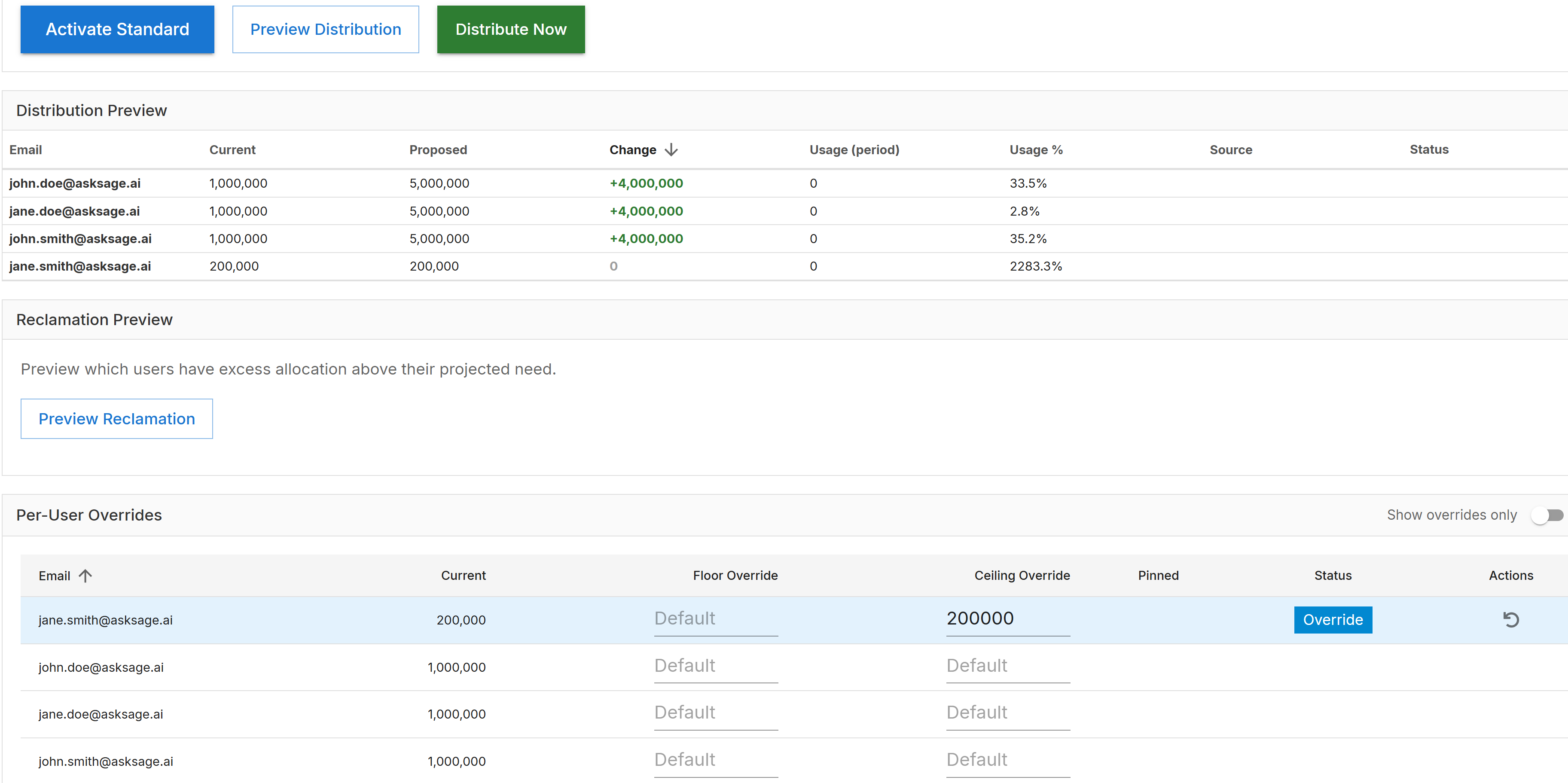 Ask Sage Token Distribution Preview, Reclamation, and Per-User Overrides