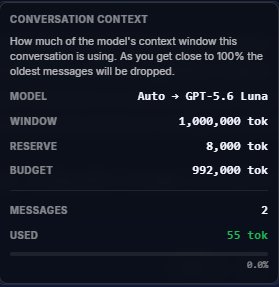 Conversation Context panel showing model, window, reserve, budget, messages, and used tokens