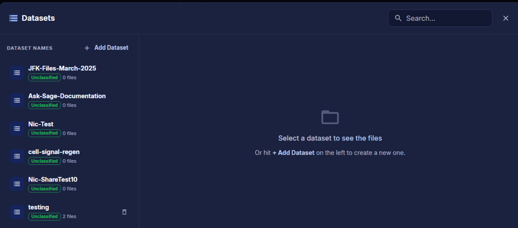 Ask Sage Dataset Selection Interface