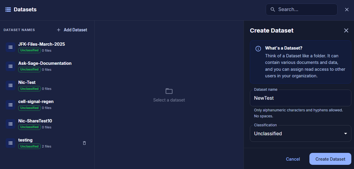 Ask Sage interface showing Prompt Tools, Data & Settings, and Upload New Files buttons