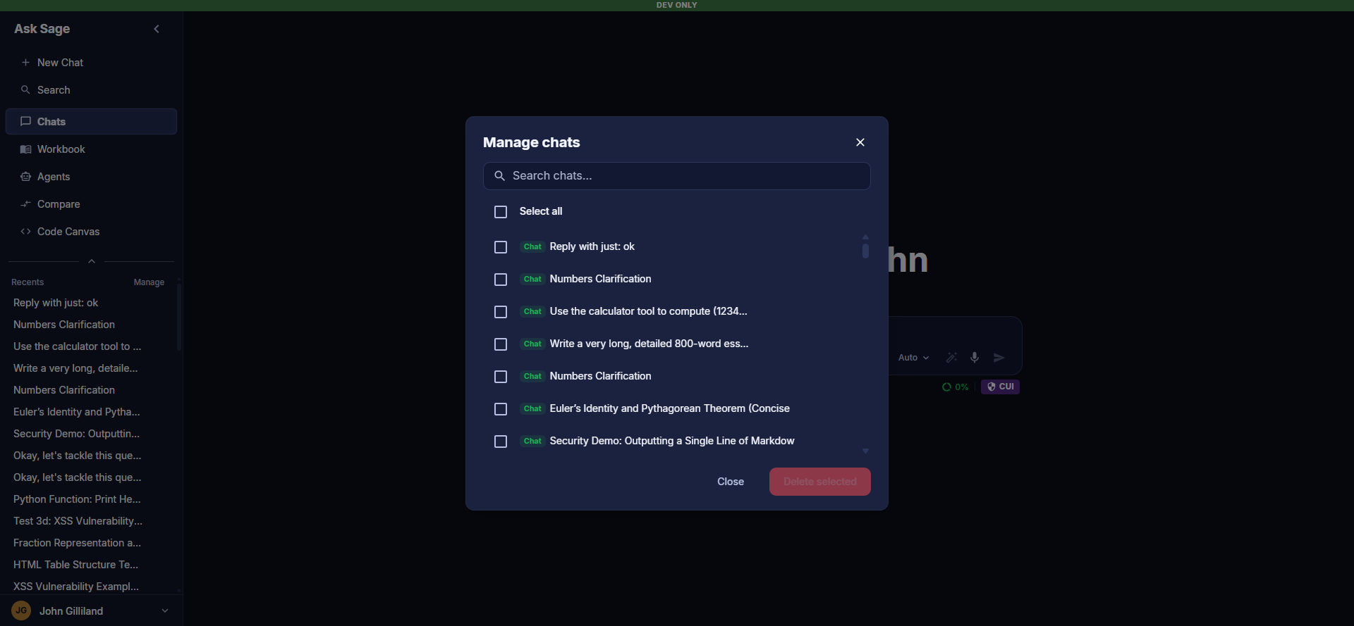 Manage chats dialog with search, select all, and delete selected