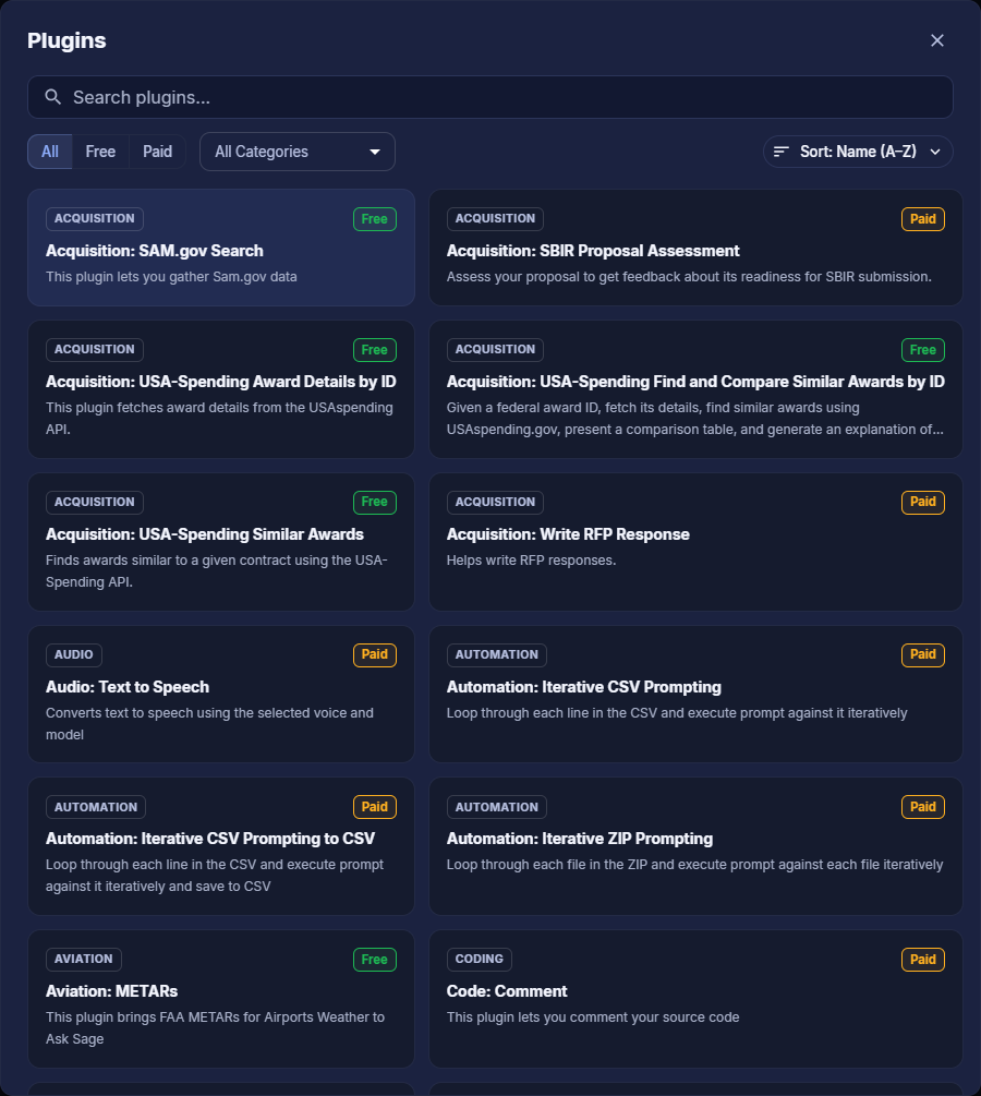 Ask Sage Plugins panel with search, Free/Paid filters, category dropdown, sort control, and plugin cards