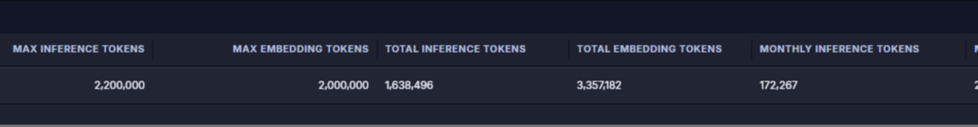 User table token columns showing max inference, max embedding, and total usage per user