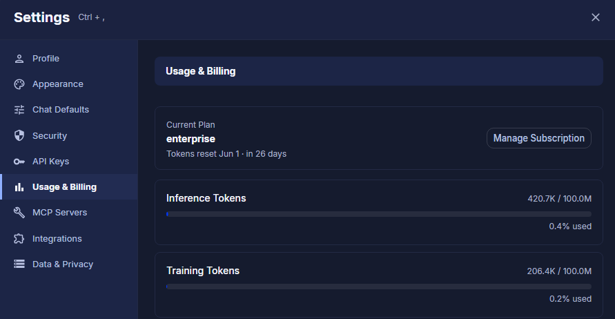 Usage & Billing Overview showing inference and training token counts
