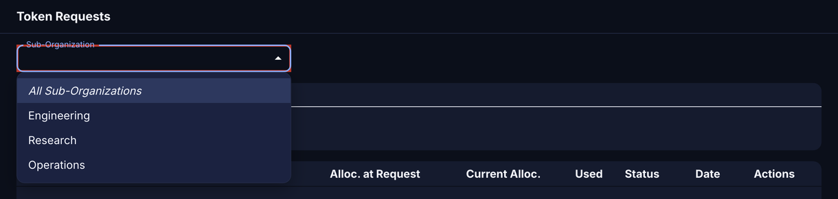 Token Requests page with the Sub-Organization list open, showing All Sub-Organizations, Engineering, Research, and Operations