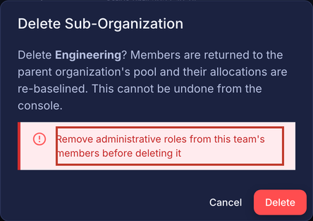 Delete Sub-Organization dialog for Engineering with the error about administrative roles