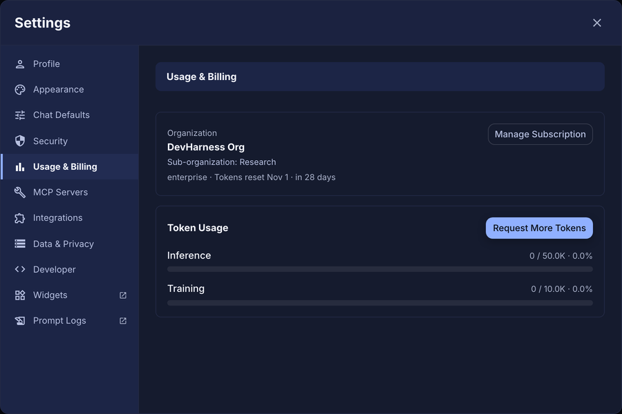 Member Usage & Billing page with a monthly inference limit of 50.0K