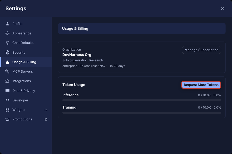 Member Settings on the Usage & Billing page, showing the sub-organization and the Request More Tokens button