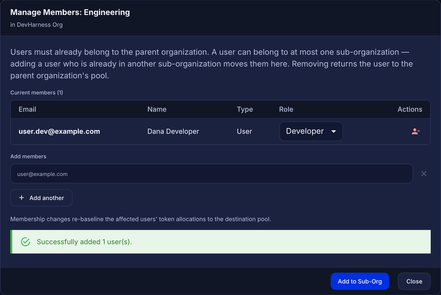 Manage Members dialog with a success message and one user in the Current members list