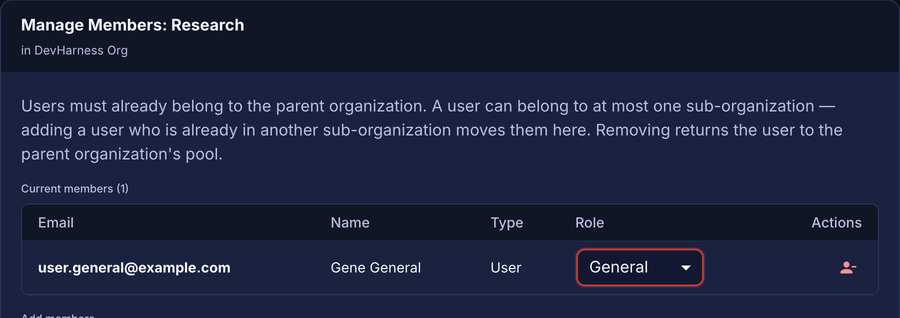 Manage Members dialog with the Role list of a member outlined