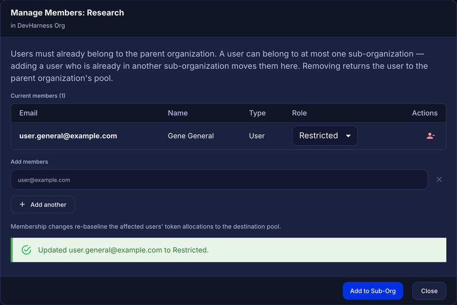 Manage Members dialog with the message Updated user.general@example.com to Restricted