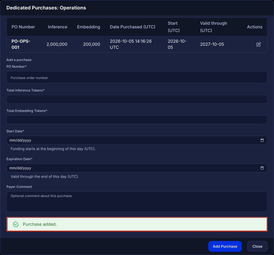 Dedicated Purchases dialog with the message Purchase added and the purchase in the Recorded purchases list