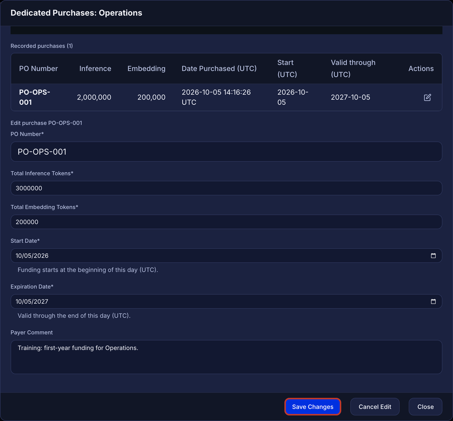 A purchase in edit mode with the inference total changed from 2,000,000 to 3,000,000