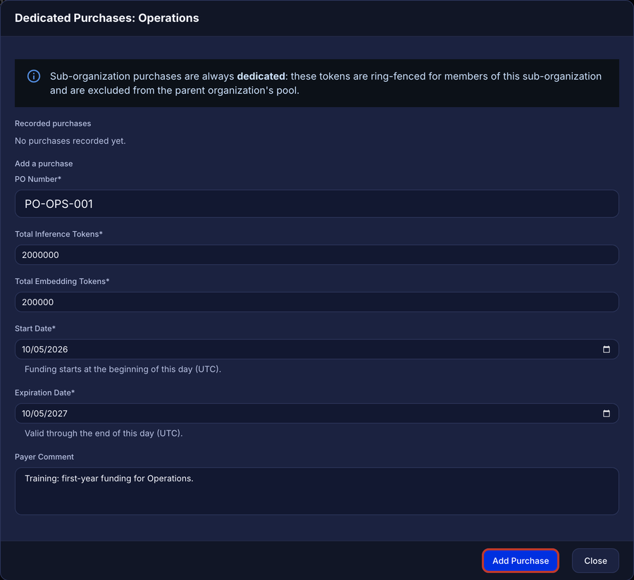 Dedicated Purchases dialog with PO Number, token totals, start and expiration dates, and a payer comment