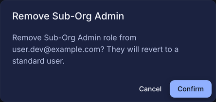 Remove Sub-Org Admin confirmation dialog