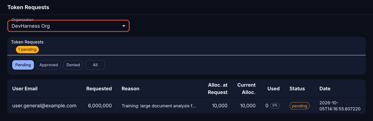 Token Requests page with one pending request and the Approve button outlined