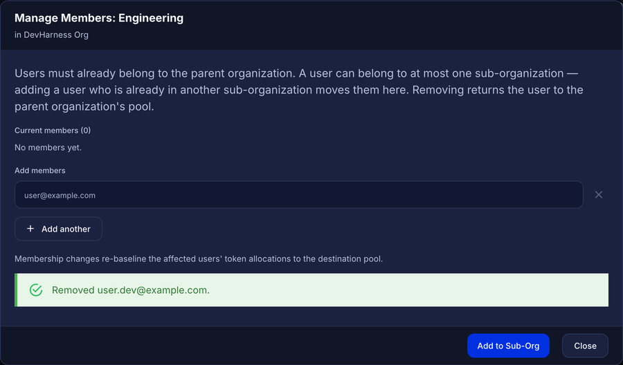 Manage Members dialog with no members and the message Removed user.dev@example.com