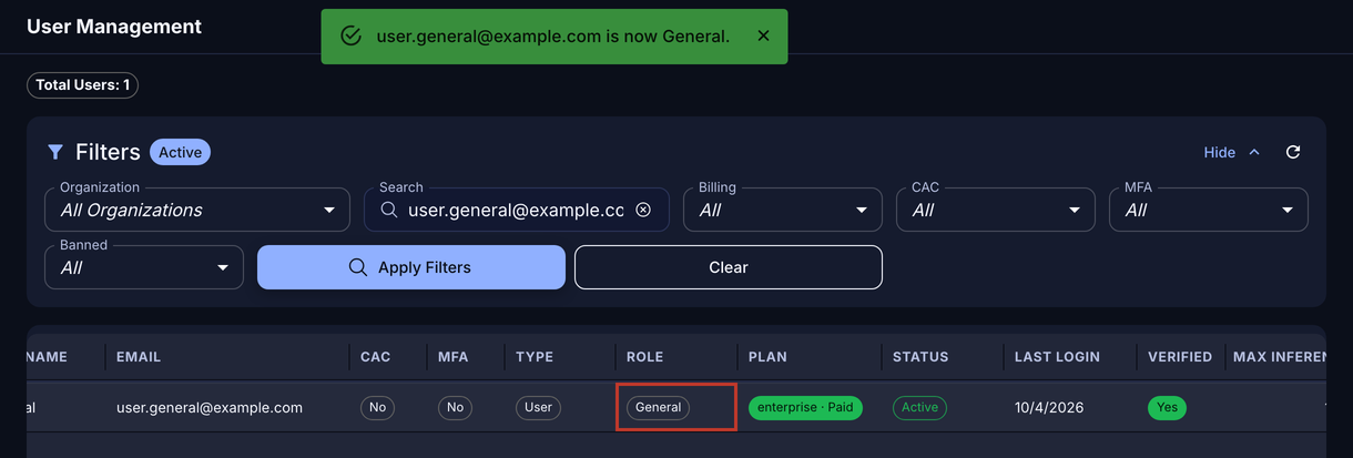 User Management with the confirmation message and the updated Role column