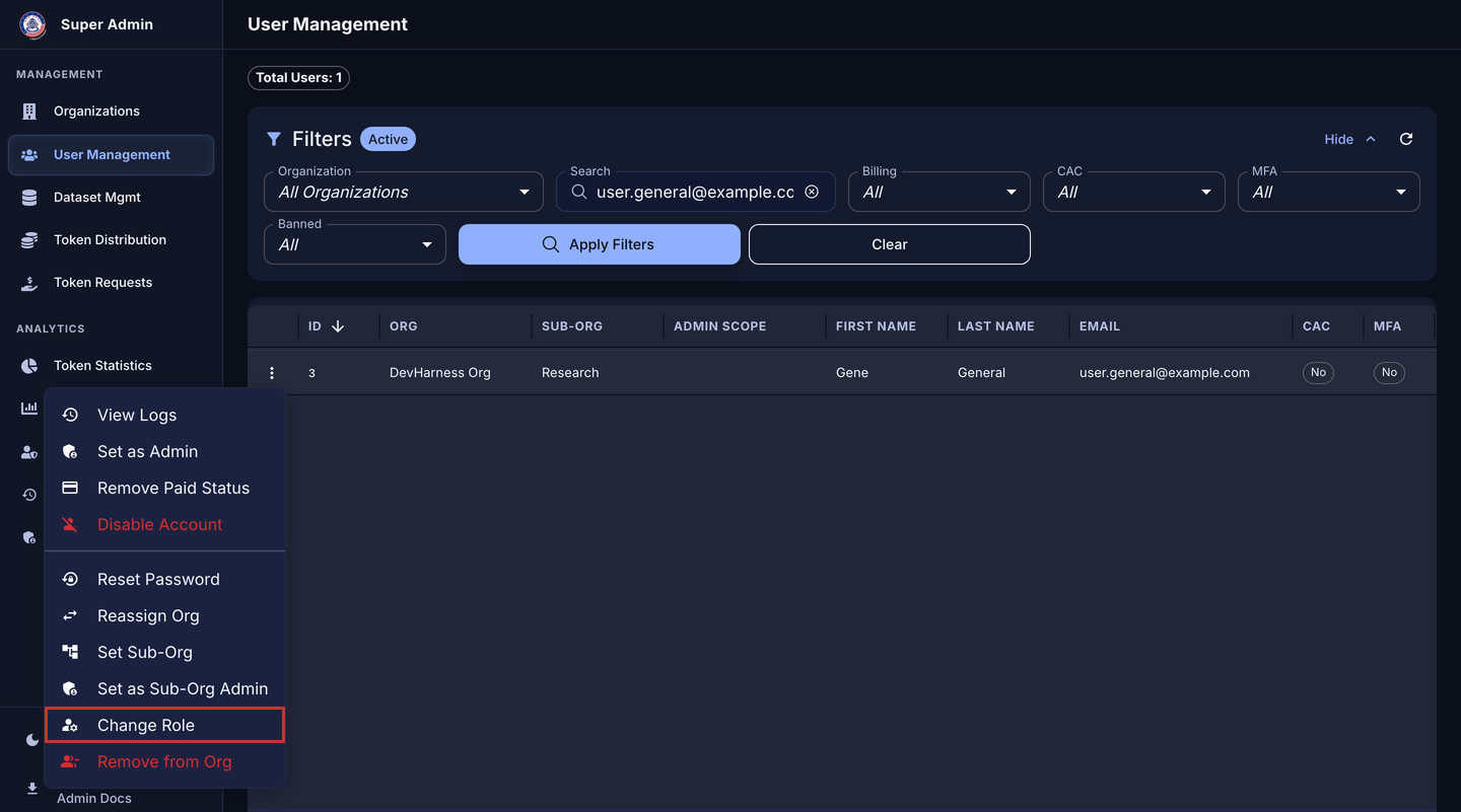 User Management actions menu with the Change Role item outlined
