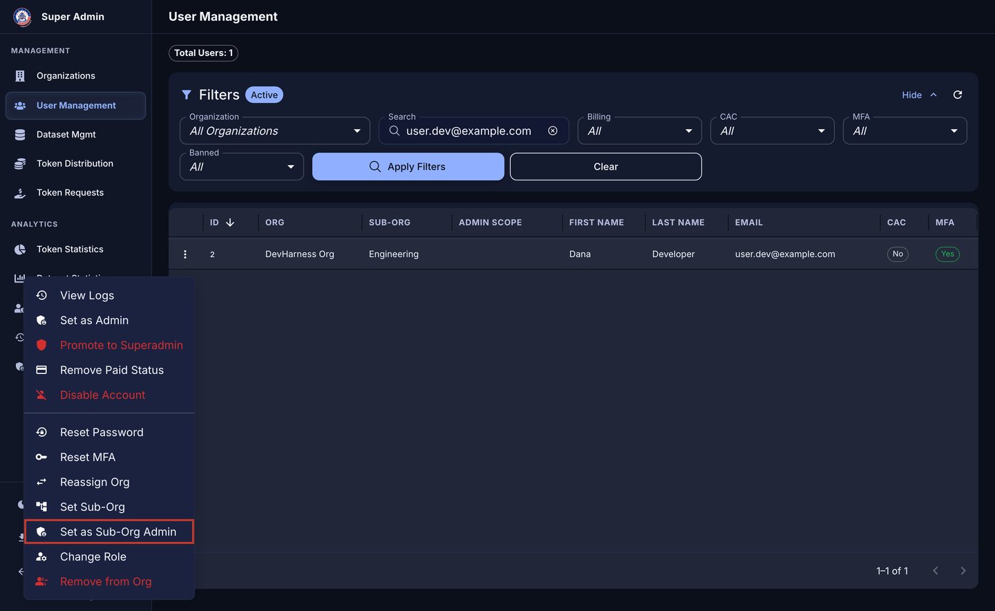User Management actions menu with the Set as Sub-Org Admin item outlined