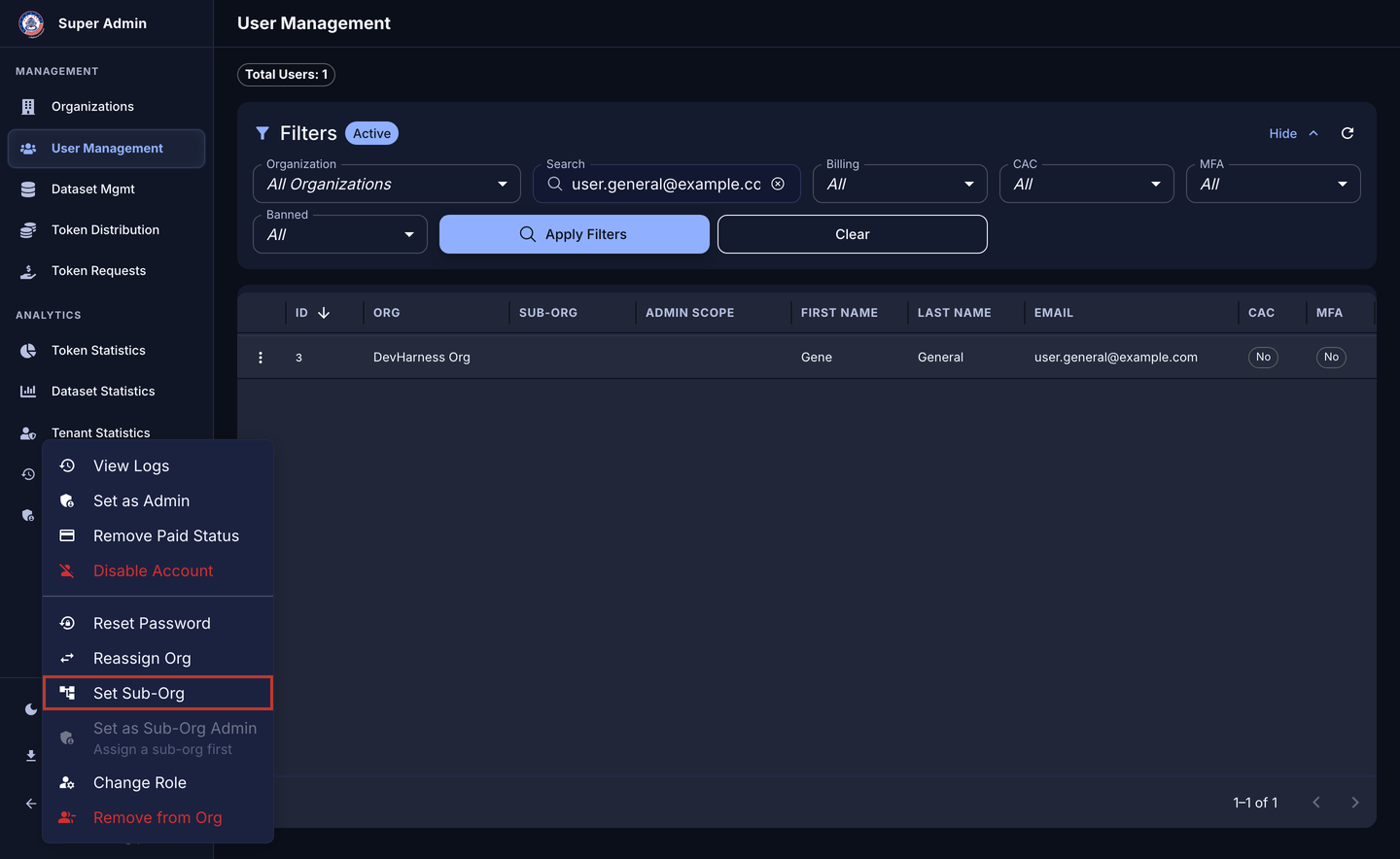 User Management actions menu with the Set Sub-Org item outlined