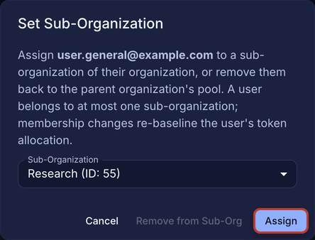 Set Sub-Organization dialog with Research selected and the Assign button