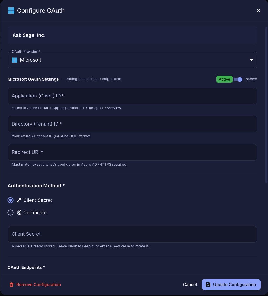 Configure OAuth dialog for an organization with Microsoft selected as the provider, showing Application (Client) ID, Directory (Tenant) ID, Redirect URI, Authentication Method radio buttons, a Client Secret field, and Update Configuration and Remove Configuration buttons